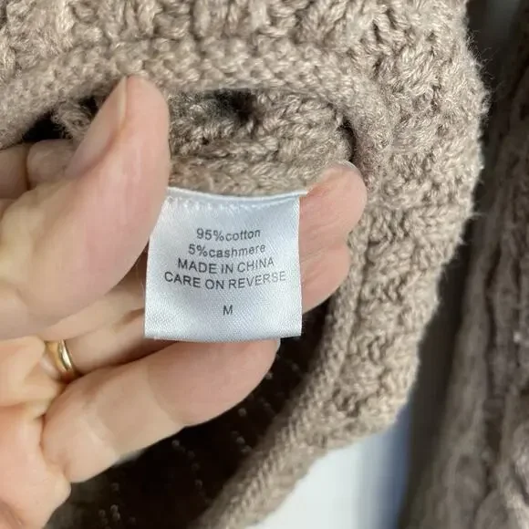 Burgess Cashmere Blend Cable Knit Sweater Women M Tan Soft Funnel Neck Fisherman - Picture 8 of 9